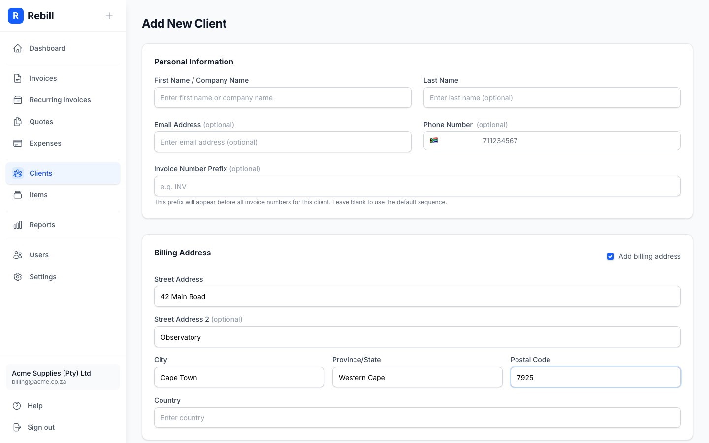 client add billing address