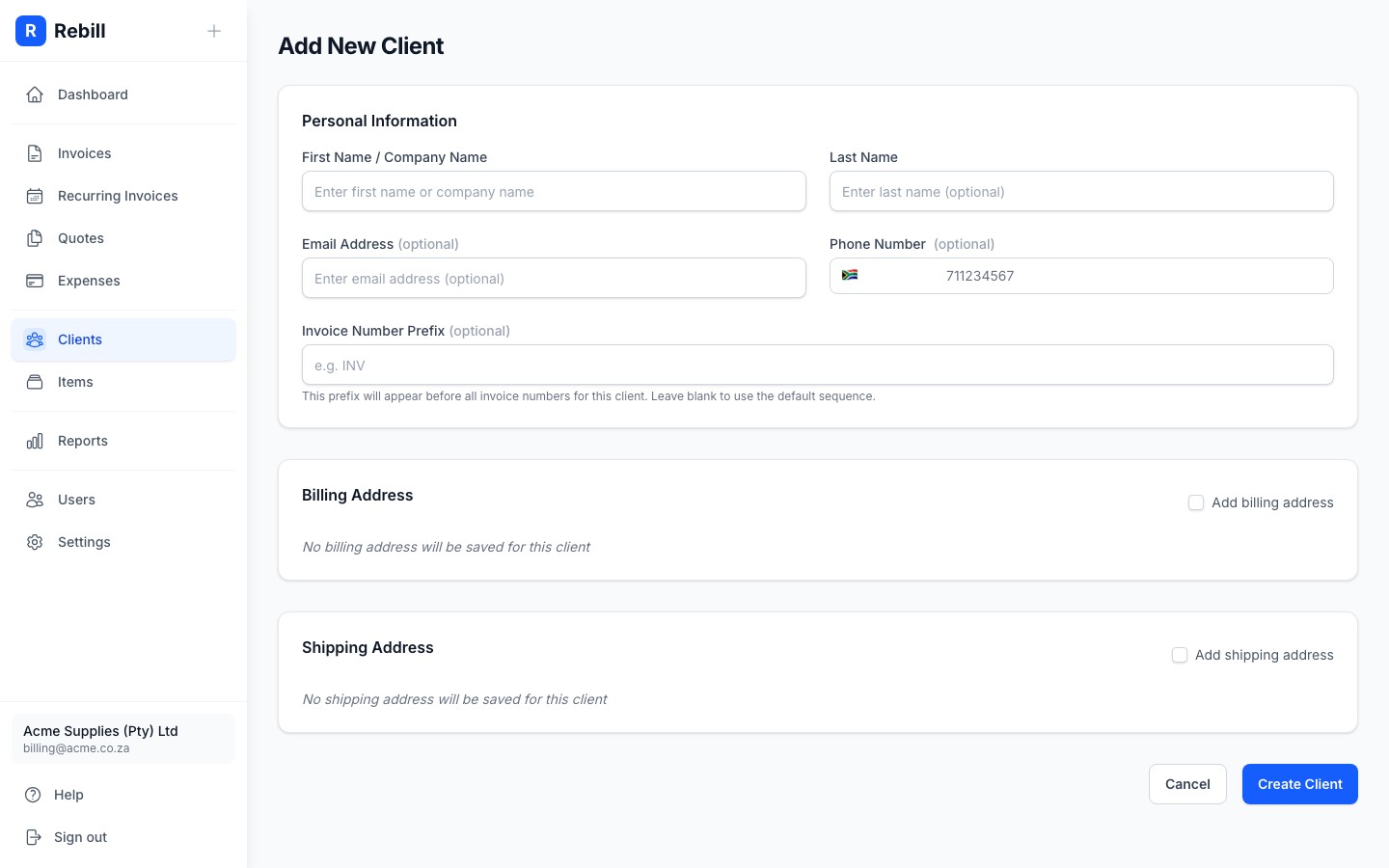 client add personal info