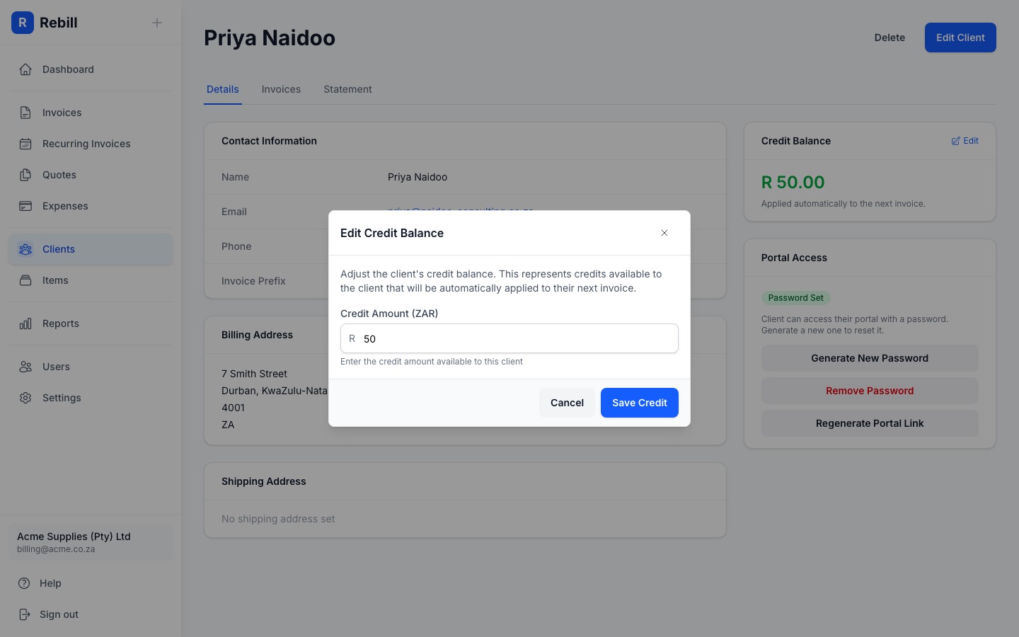 client credit balance modal