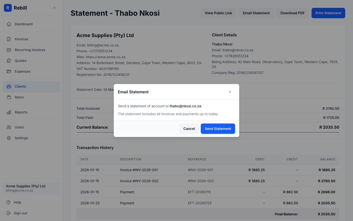 client email statement