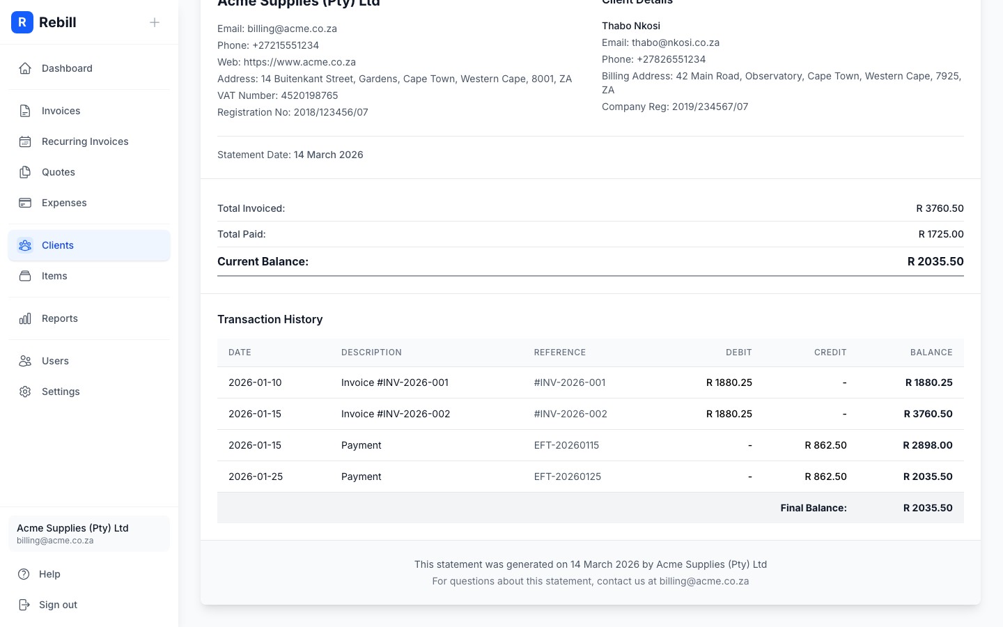 client full statement