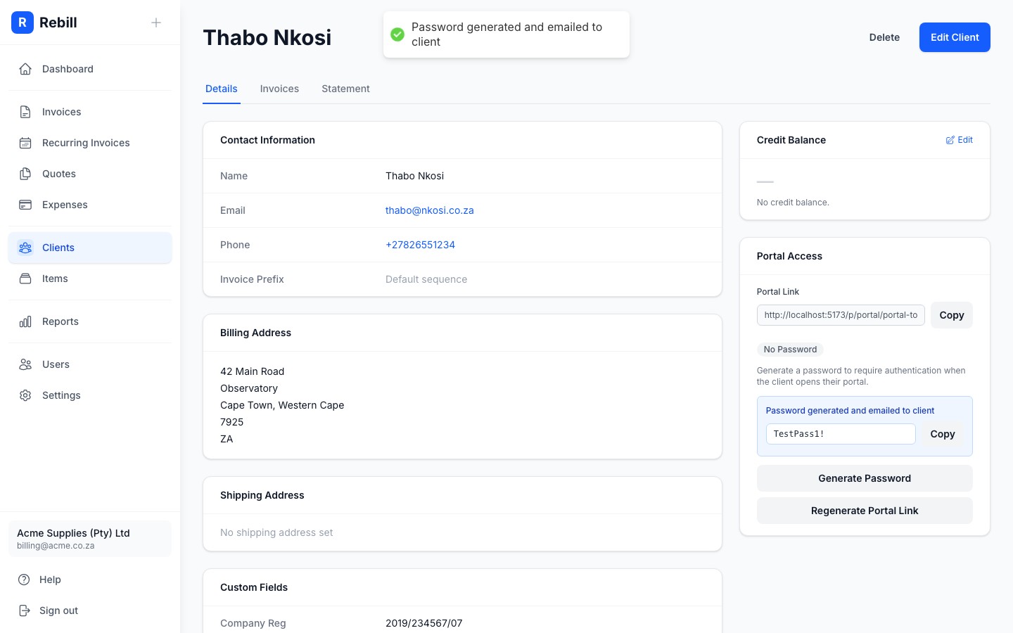 client portal password generated