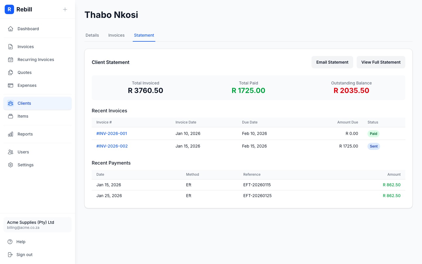client statement tab