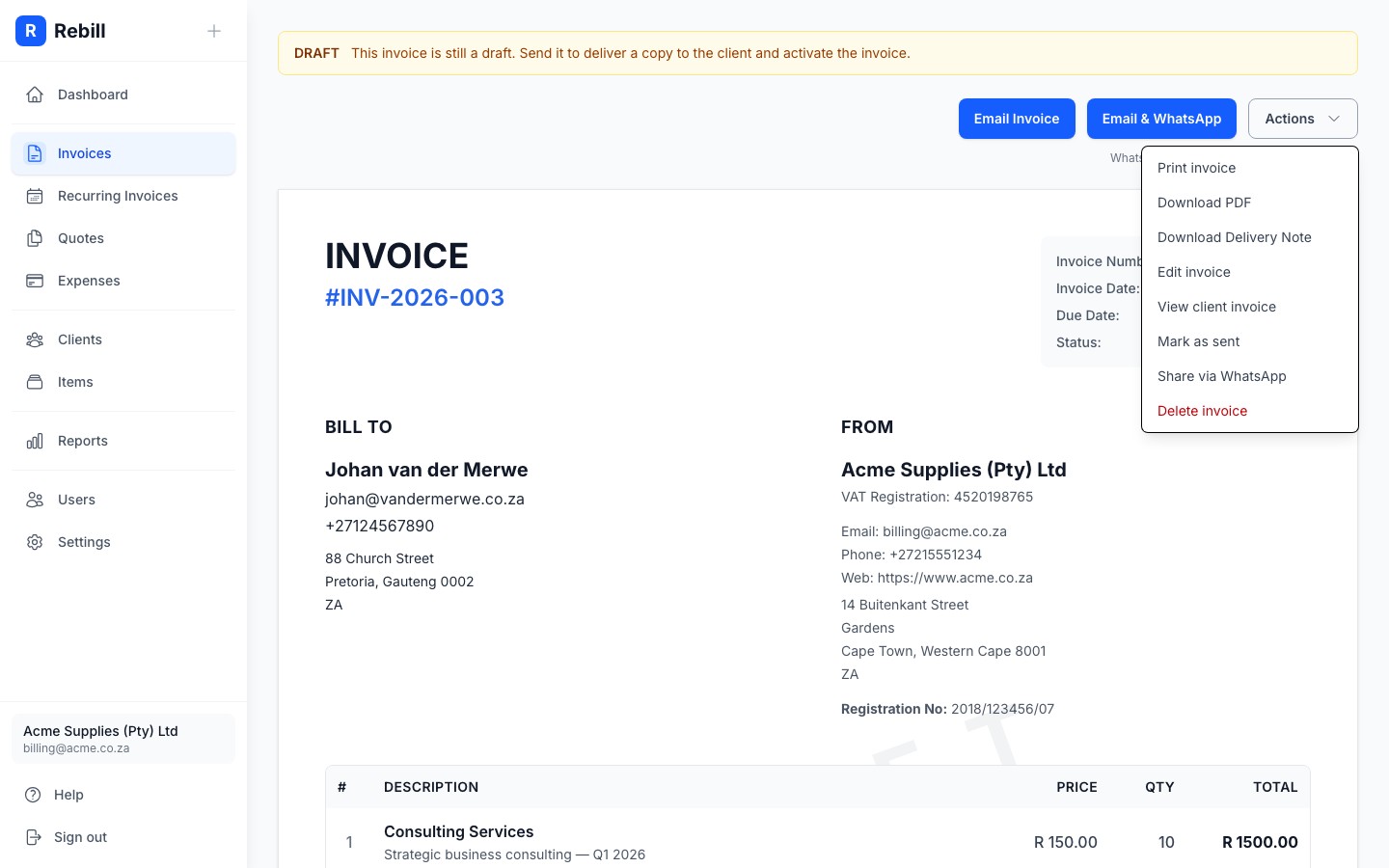 invoice actions delete