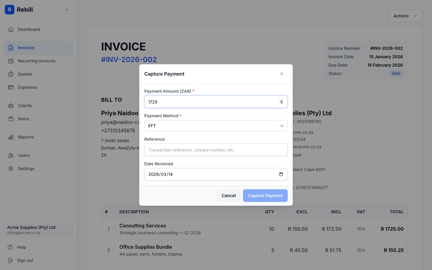 invoice capture payment save