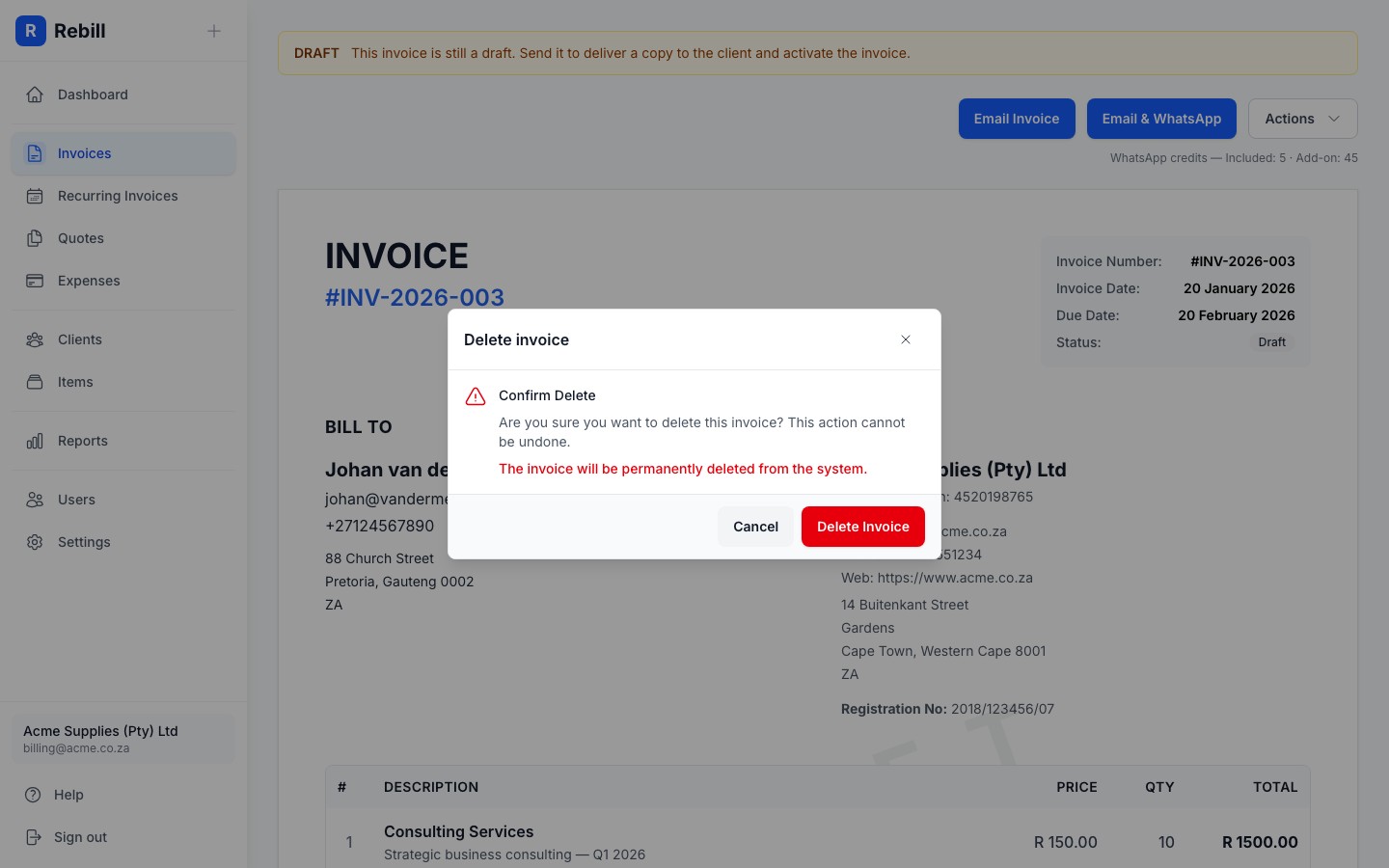 invoice delete modal