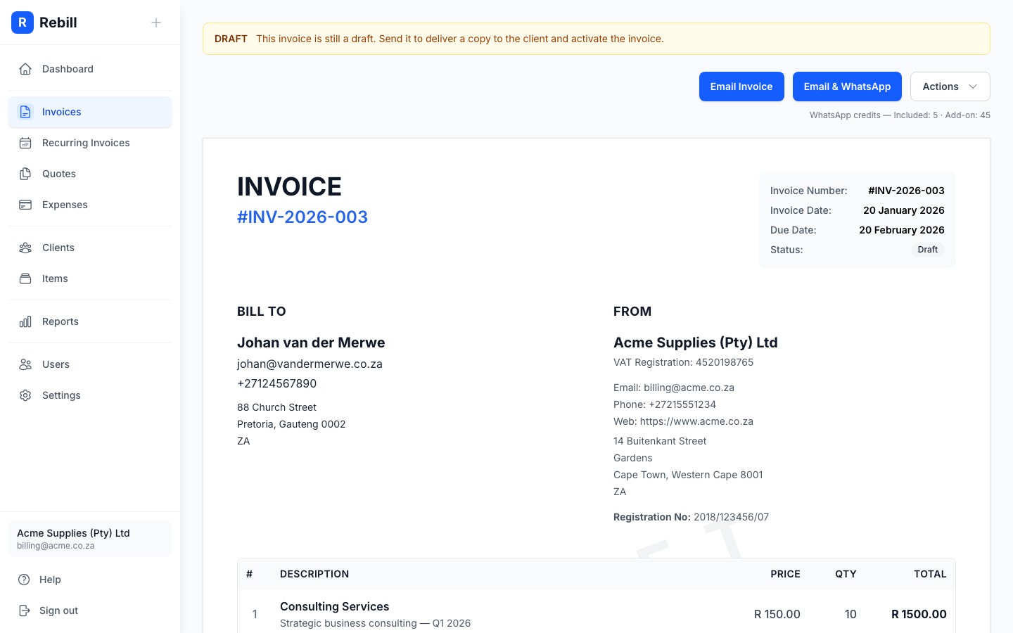 invoice detail whatsapp button