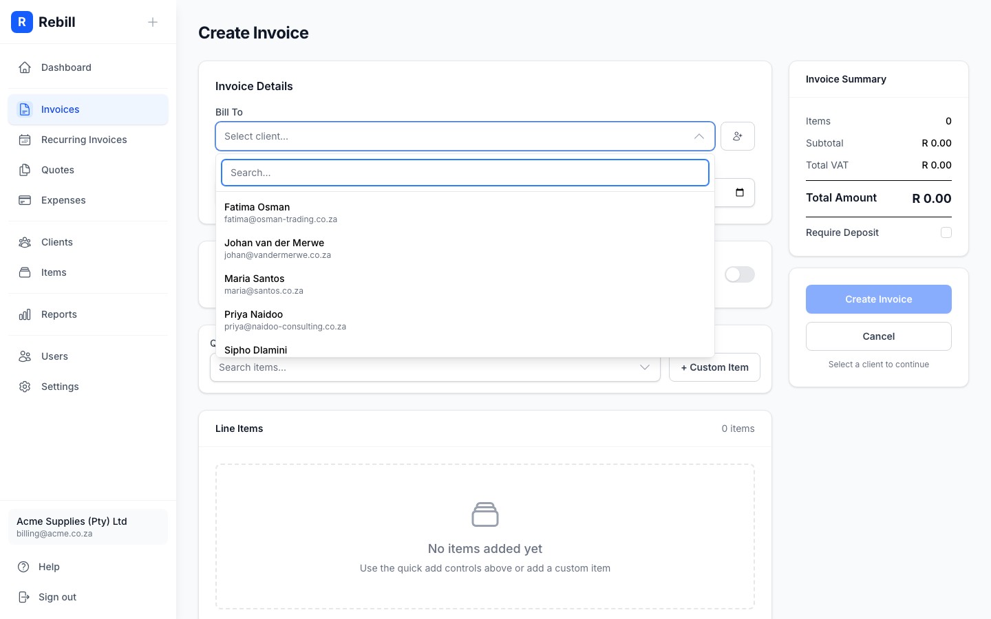 invoice form client selector