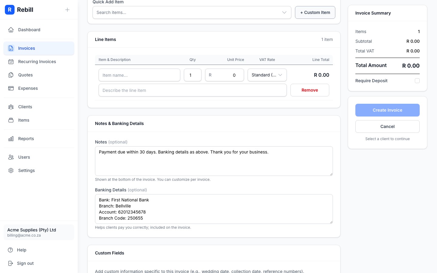 invoice form line items
