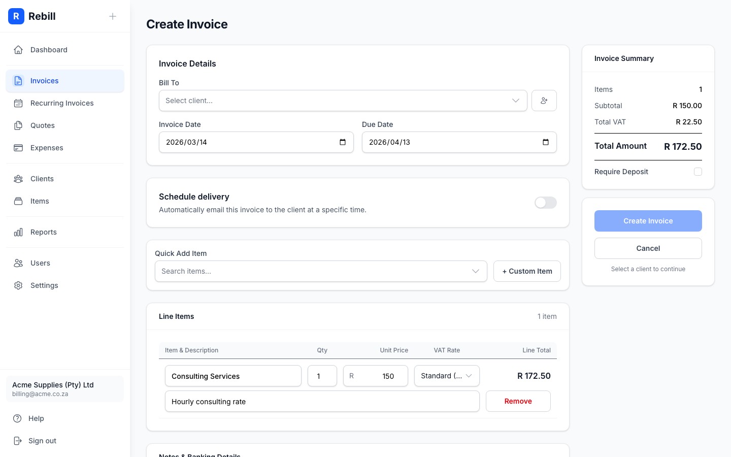 invoice line item filled