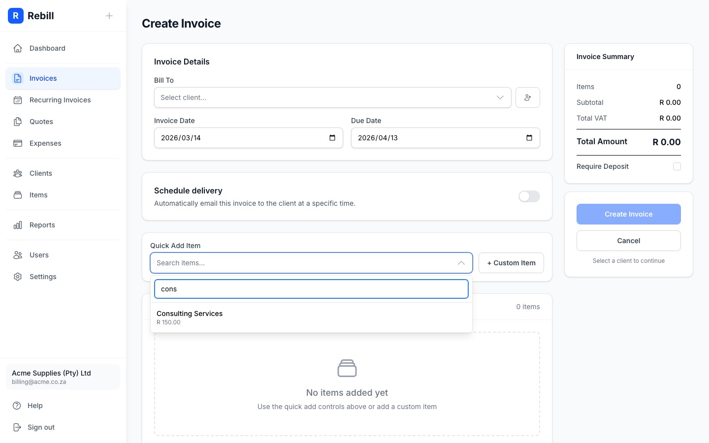 invoice line item search