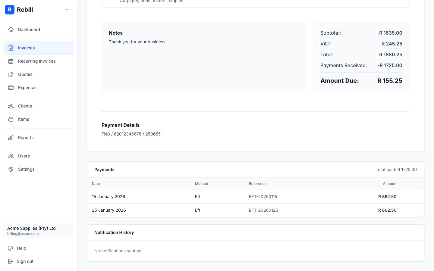 Payments section below an invoice showing recorded payment rows