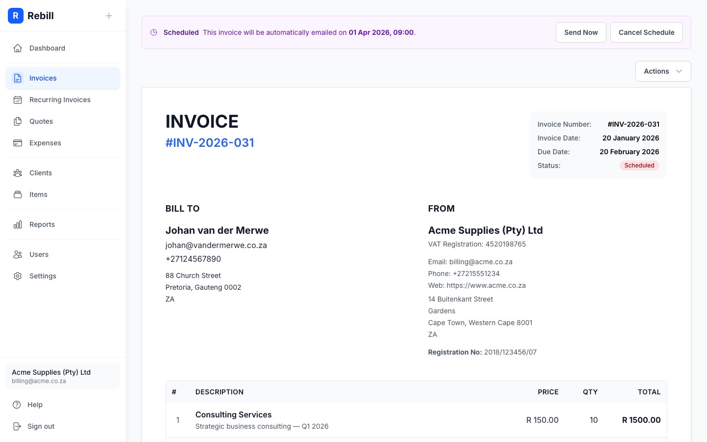 Invoice detail page showing a purple scheduled delivery banner with the date and time