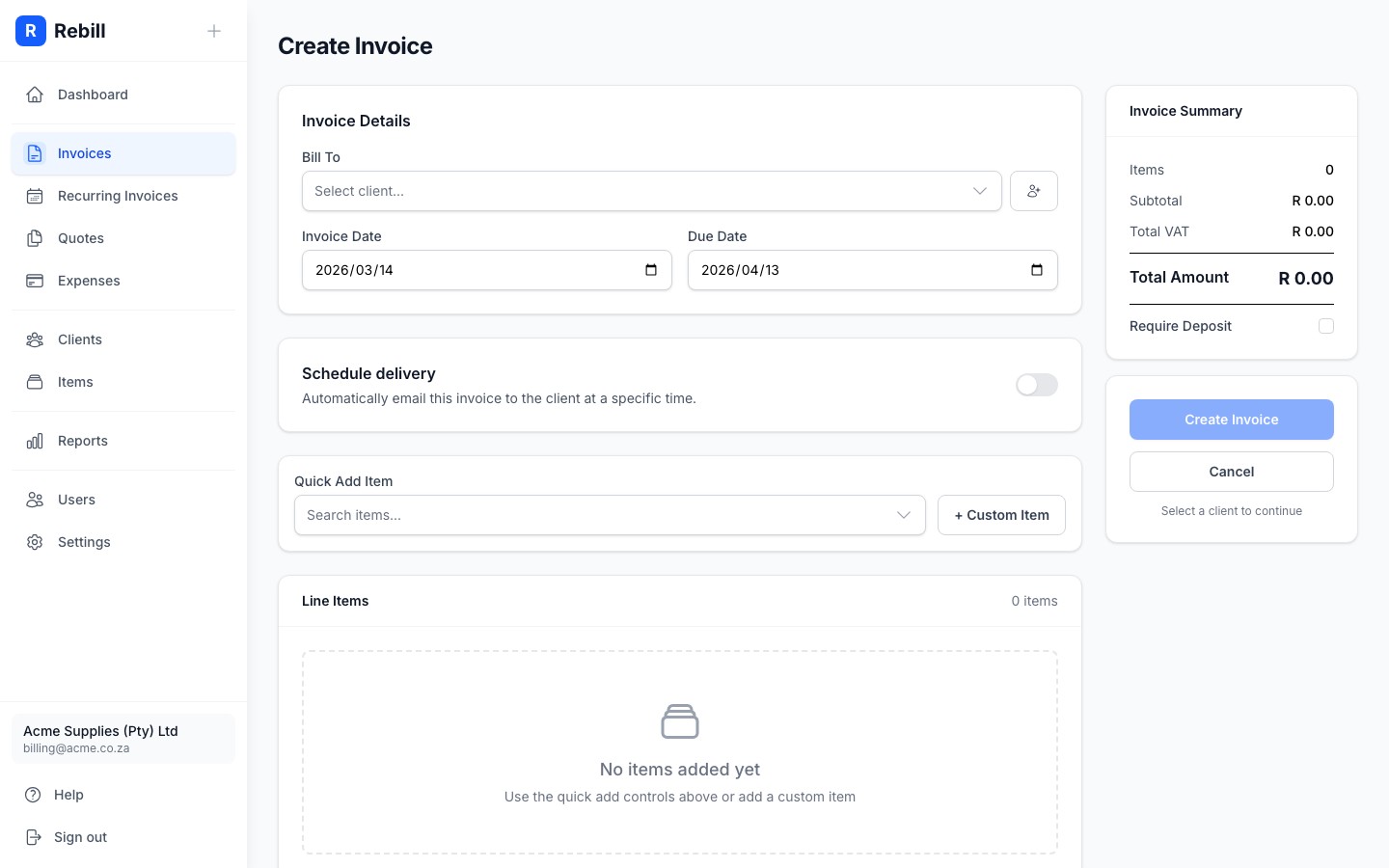 invoice scheduling form section