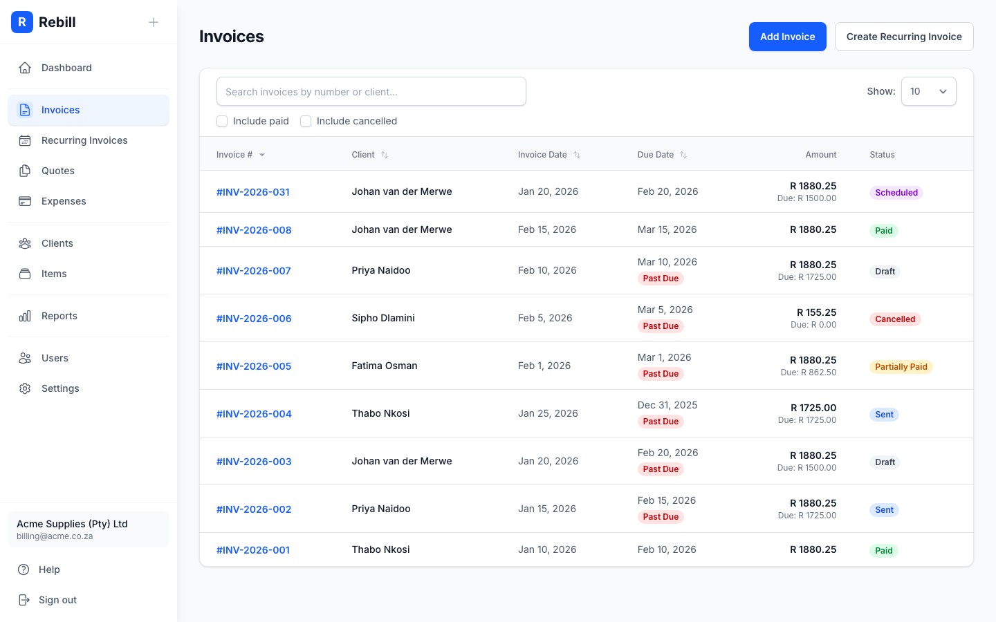 invoice scheduling list badge