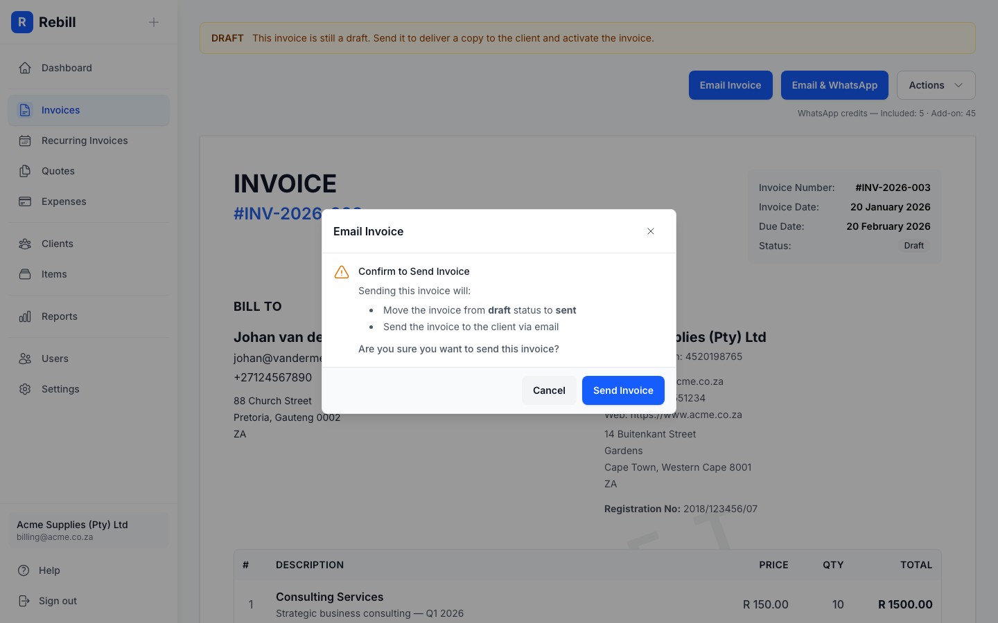 invoice send email modal