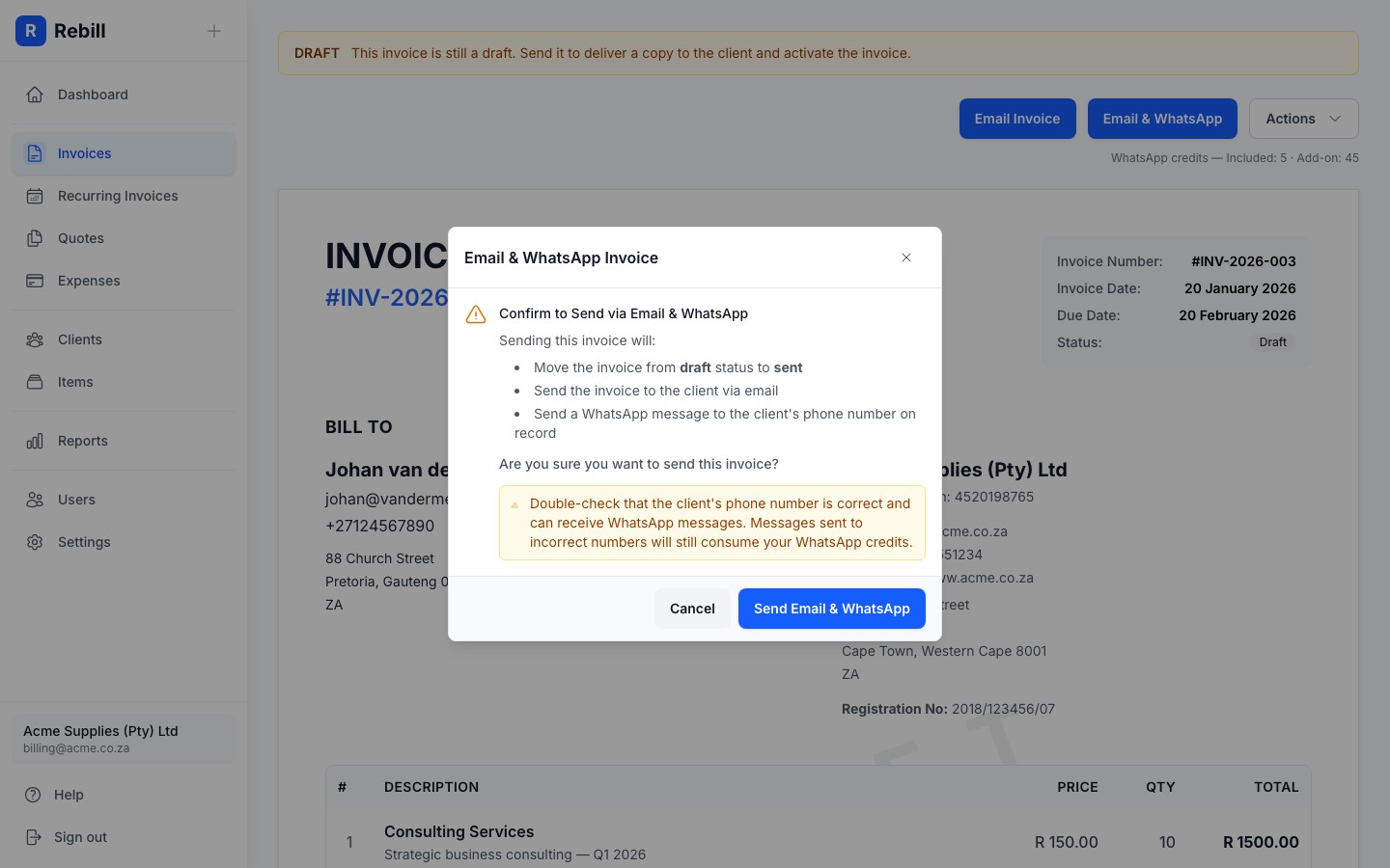 invoice send whatsapp modal