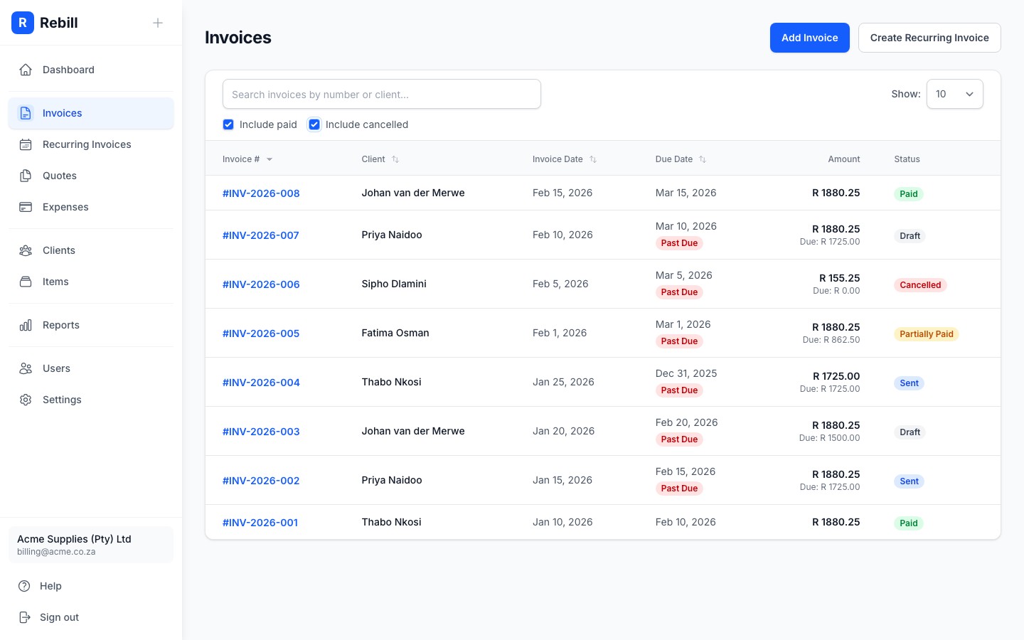 Invoice list showing variety of status badges - Draft, Sent, Paid, Partially Paid, Cancelled