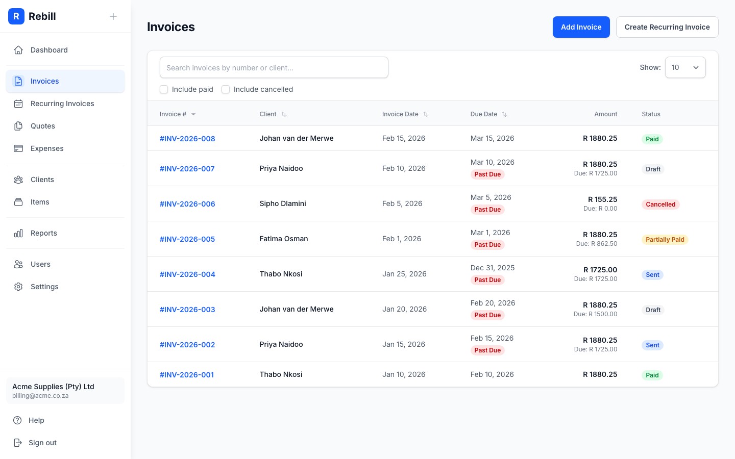 invoices list add button