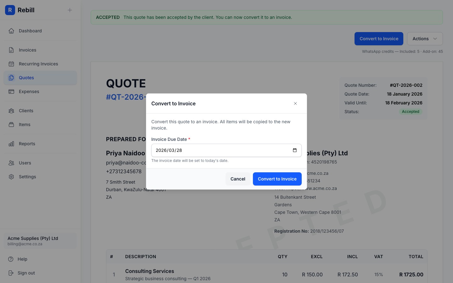 quote convert modal