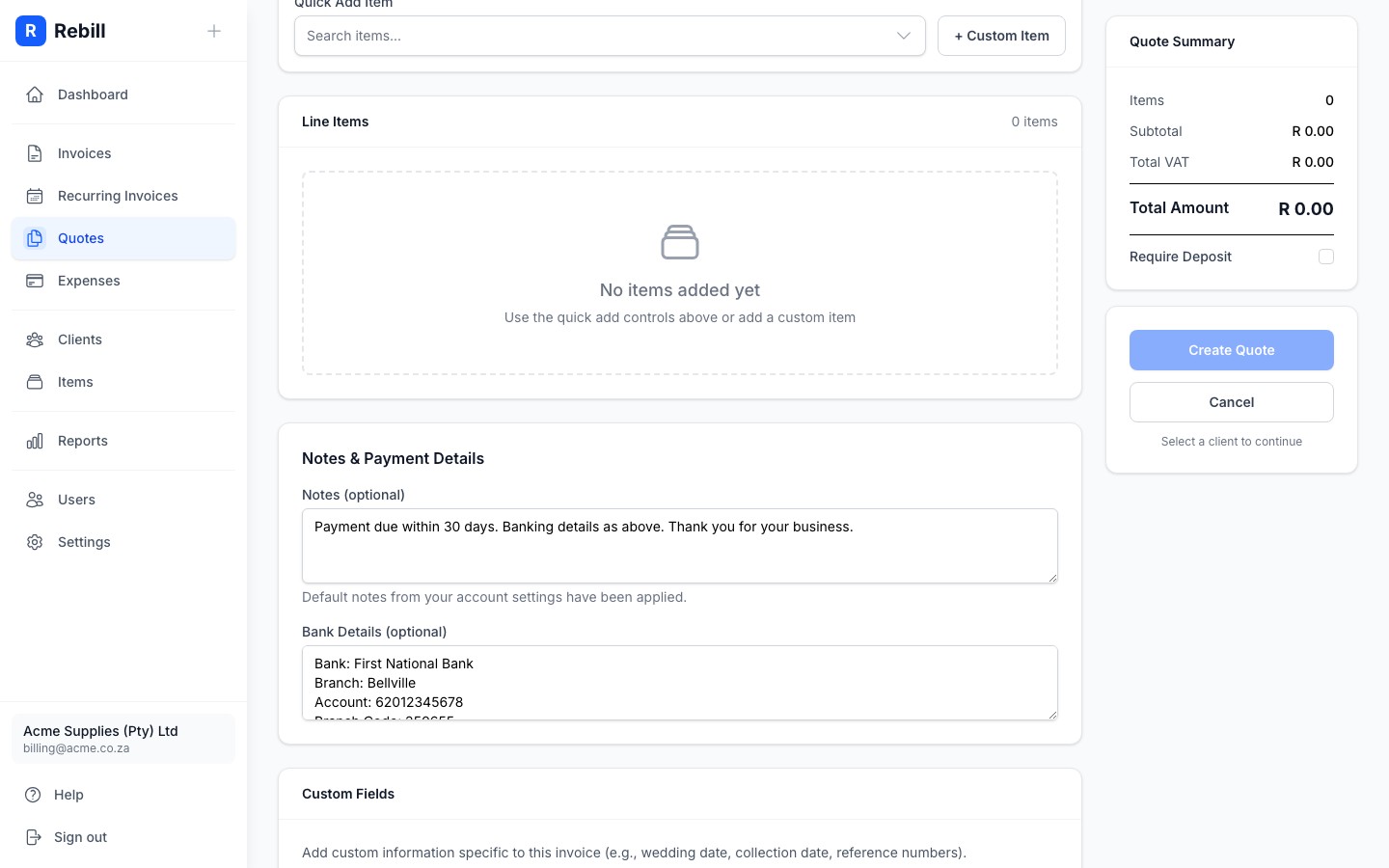 quote form line items
