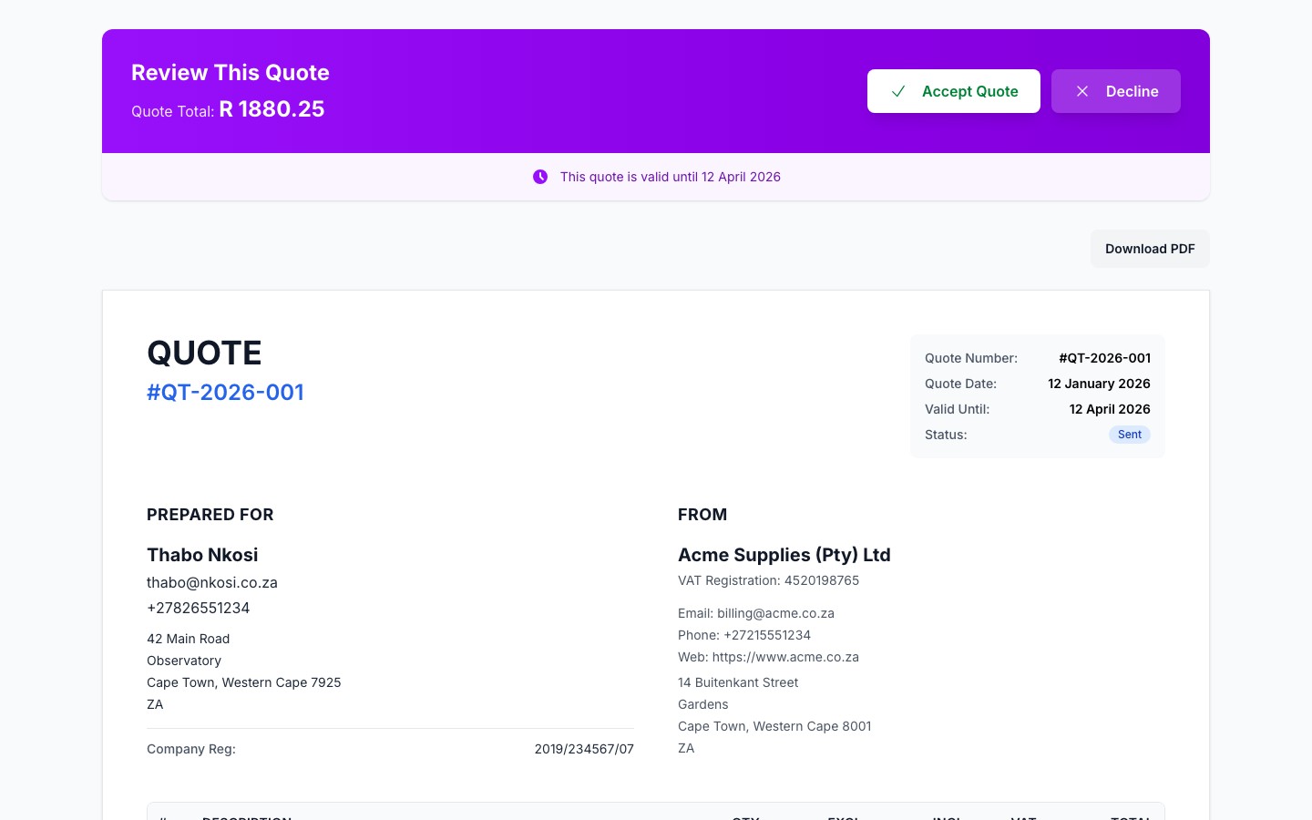 Public quote view showing Accept and Decline buttons at the bottom