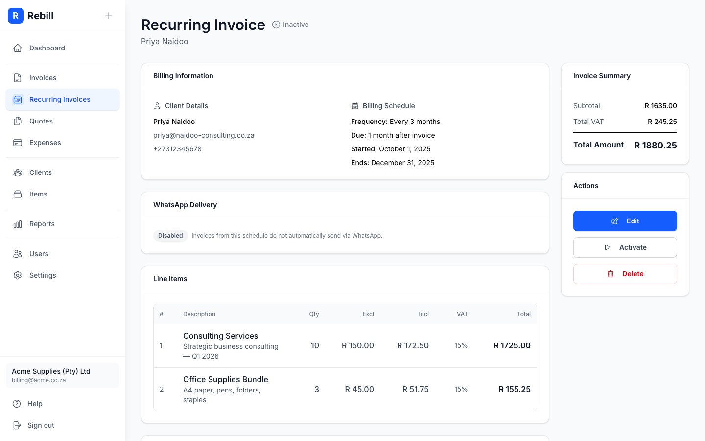 recurring detail activate