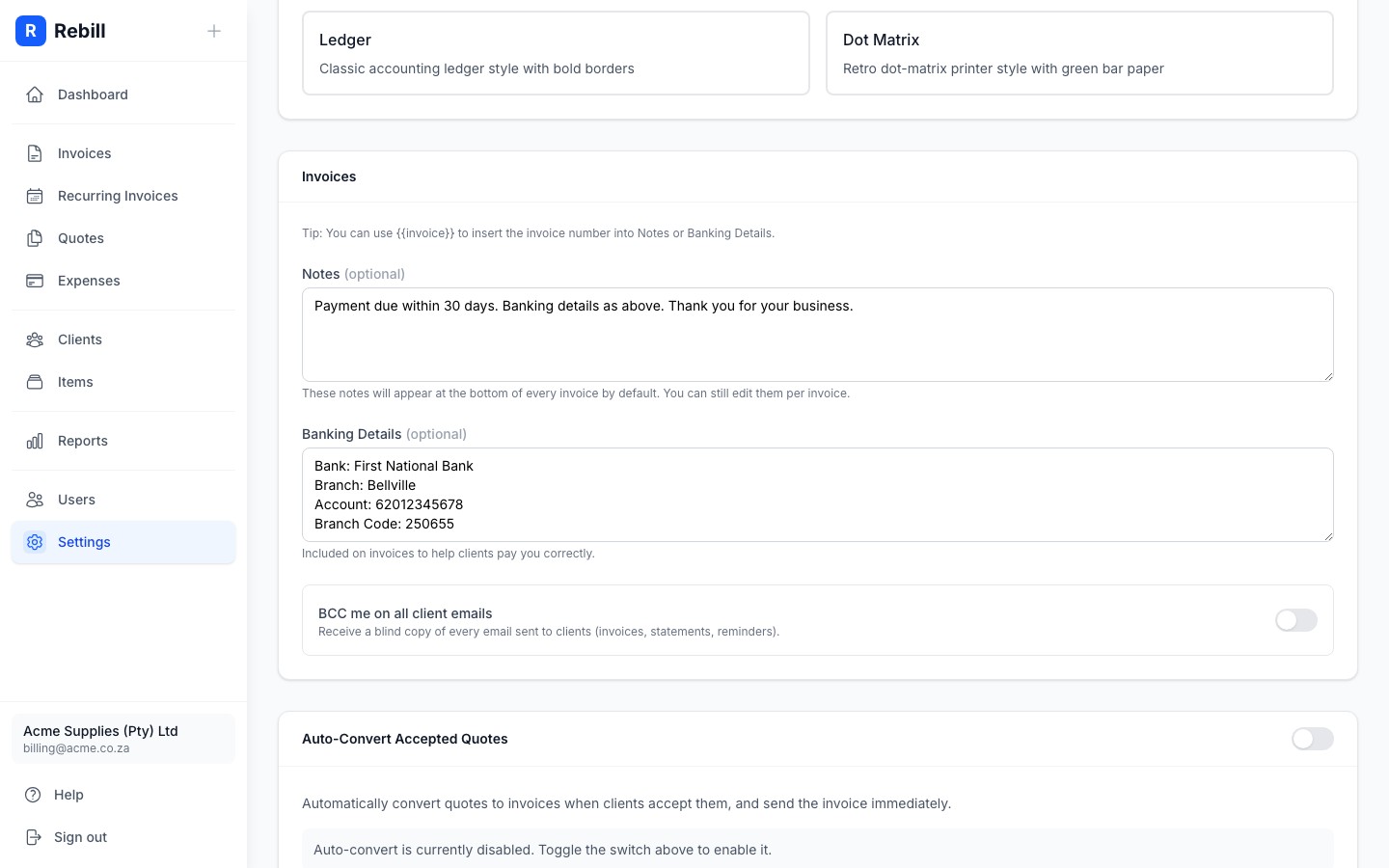 settings bank details