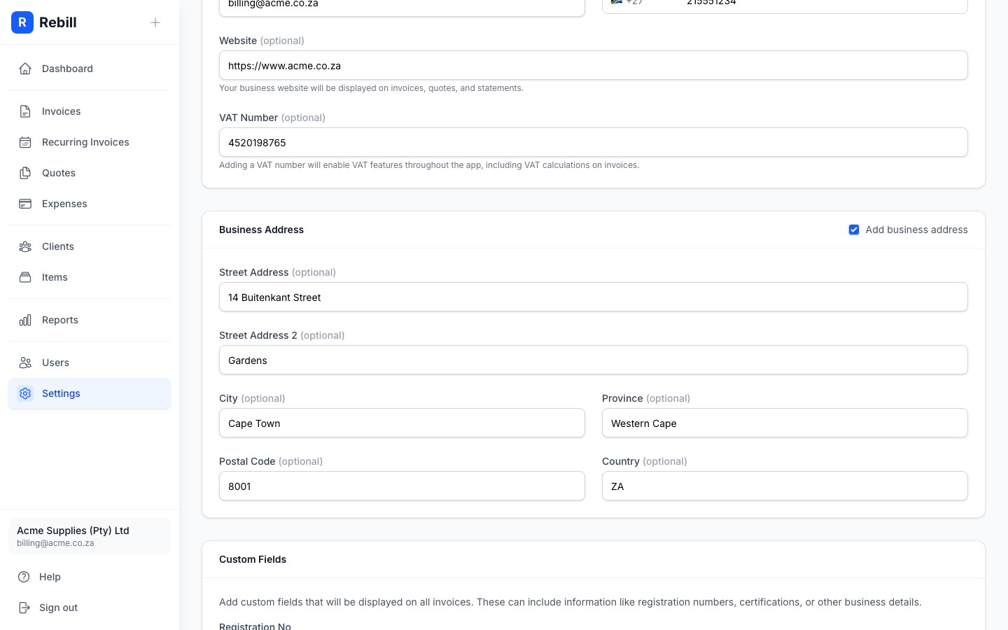 settings business address