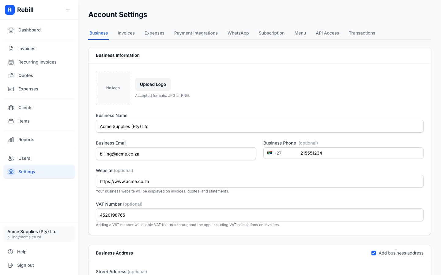 settings business tab