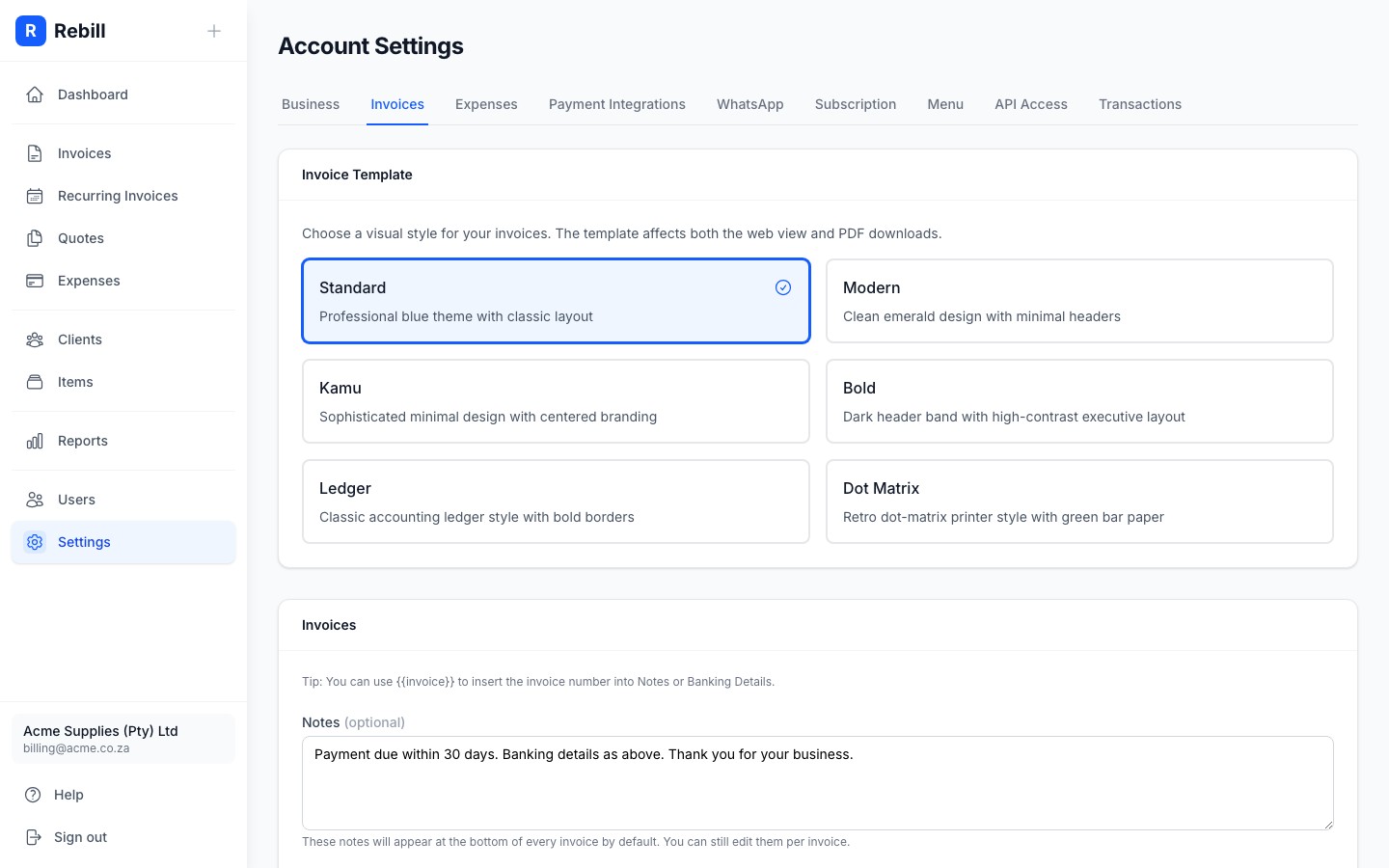 settings invoice templates