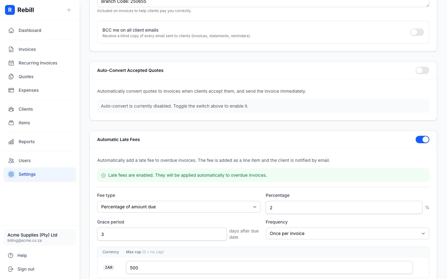 settings late fees section