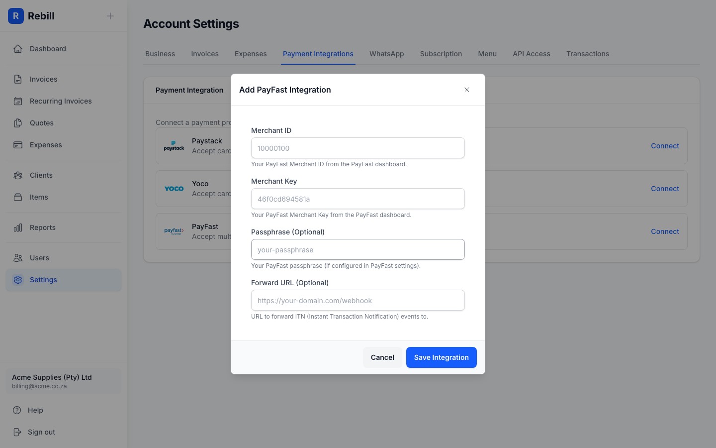 settings payfast form