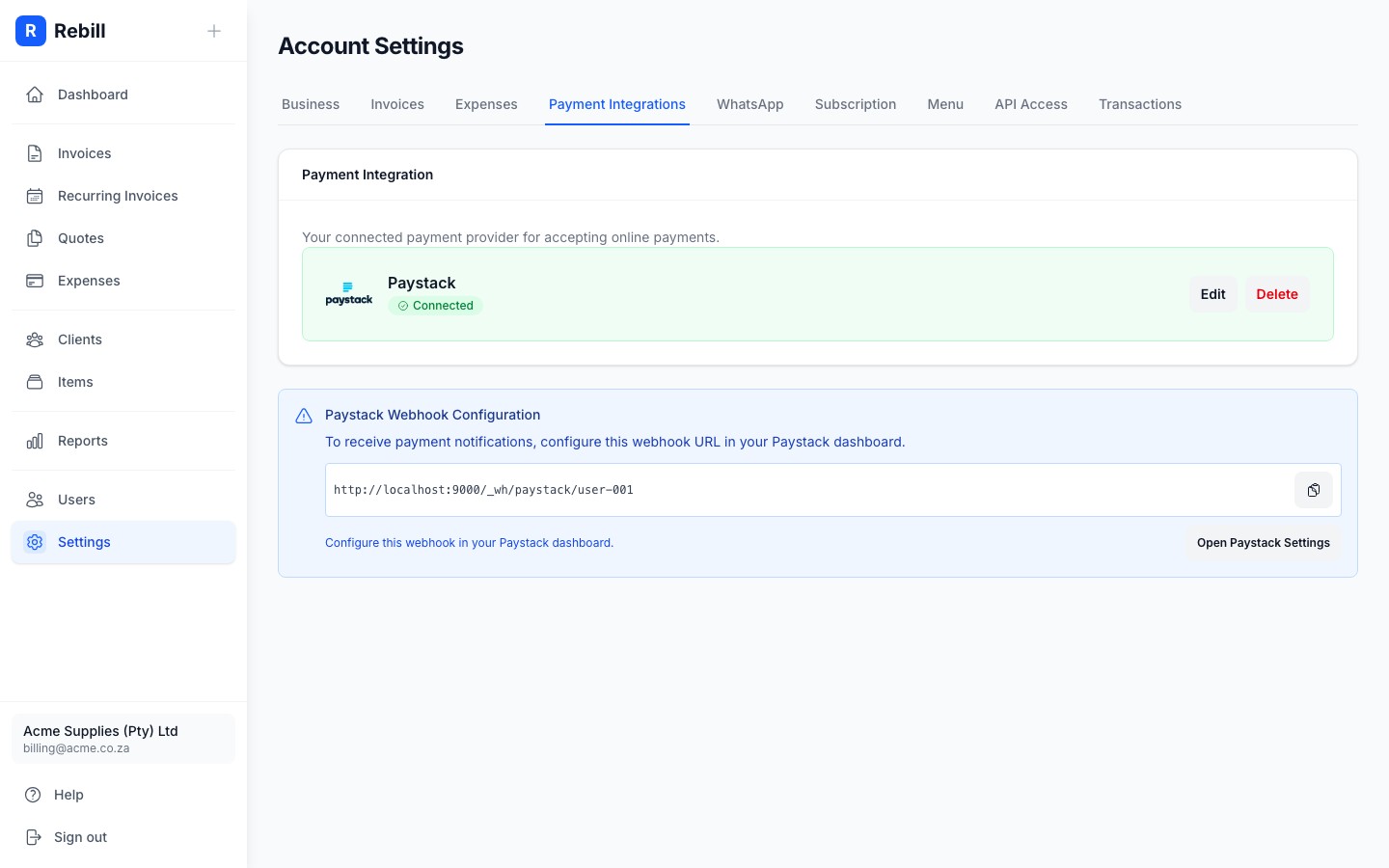 settings paystack form