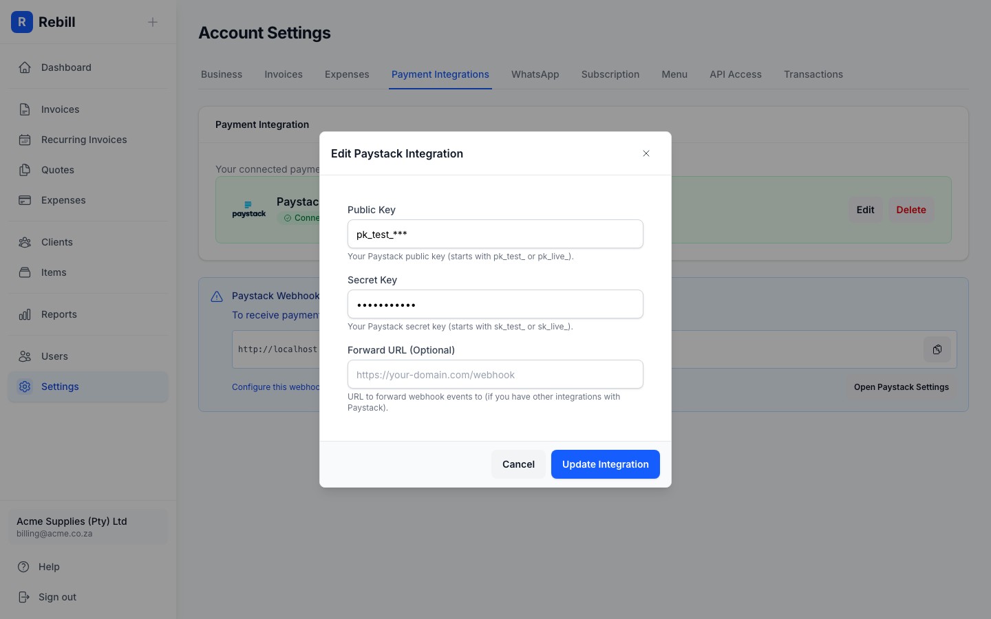 settings paystack keys
