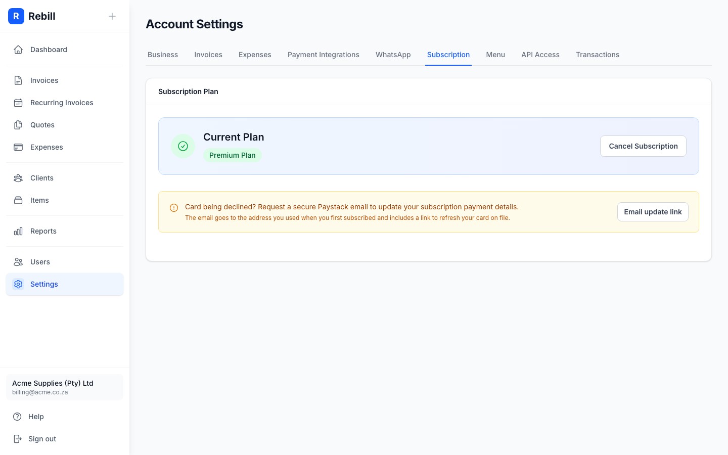settings subscription tab
