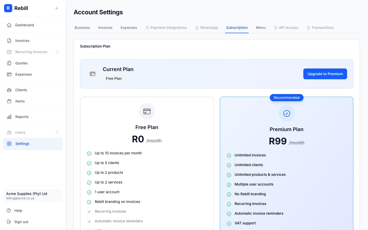 settings upgrade payment