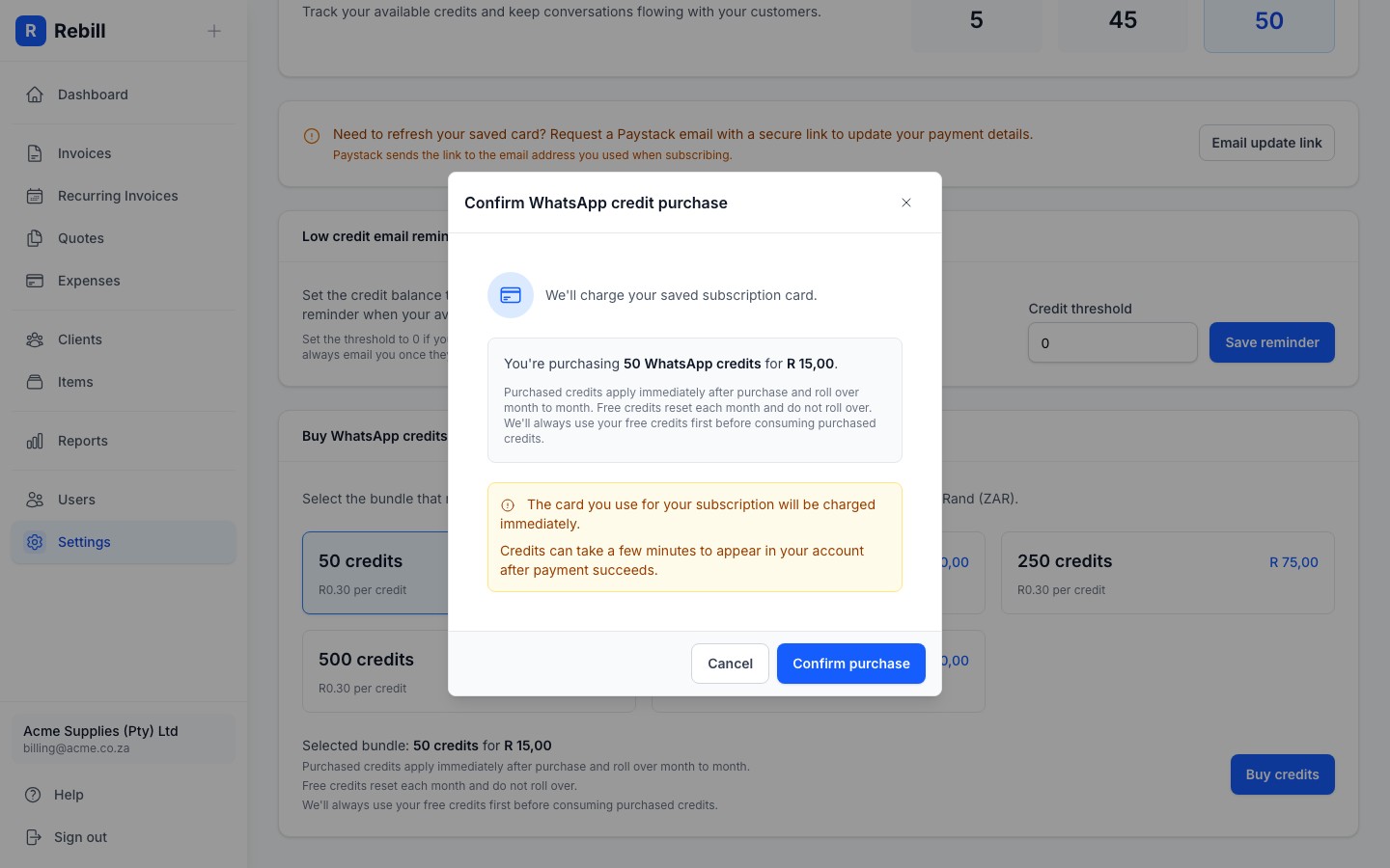 settings whatsapp buy modal