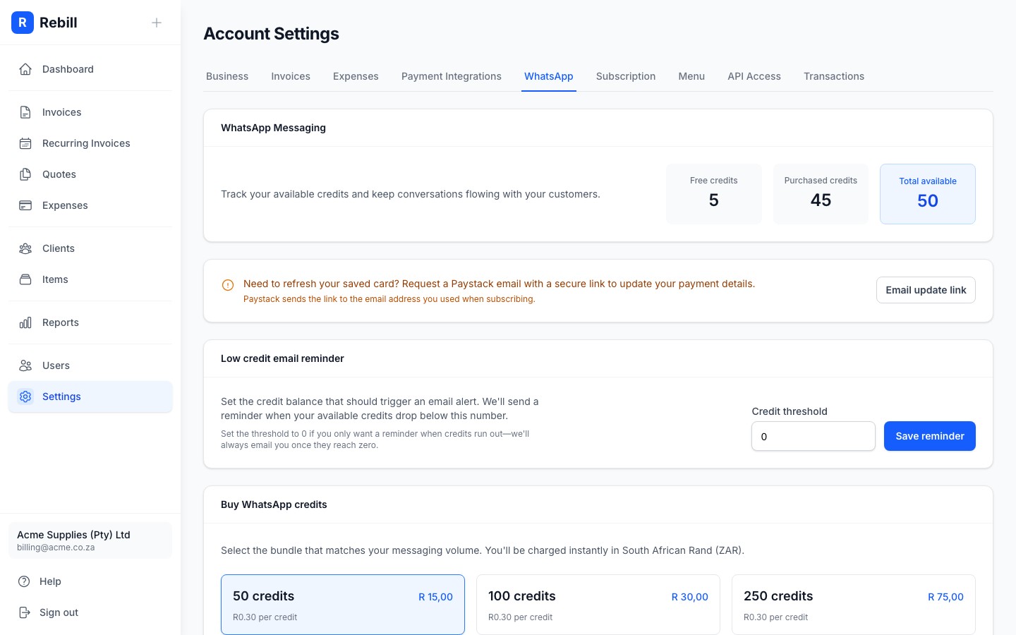 WhatsApp settings tab showing credit balance and bundle purchase options