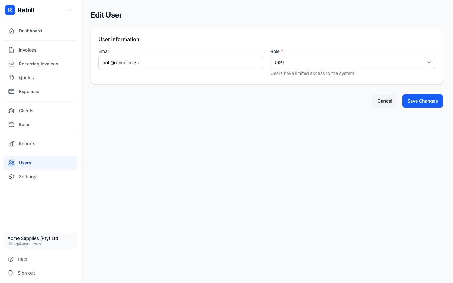 users edit form